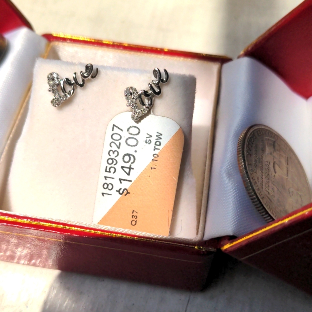NWT Diamond Sterling Silver "Love" earrings Dainty, Genuine Diamonds